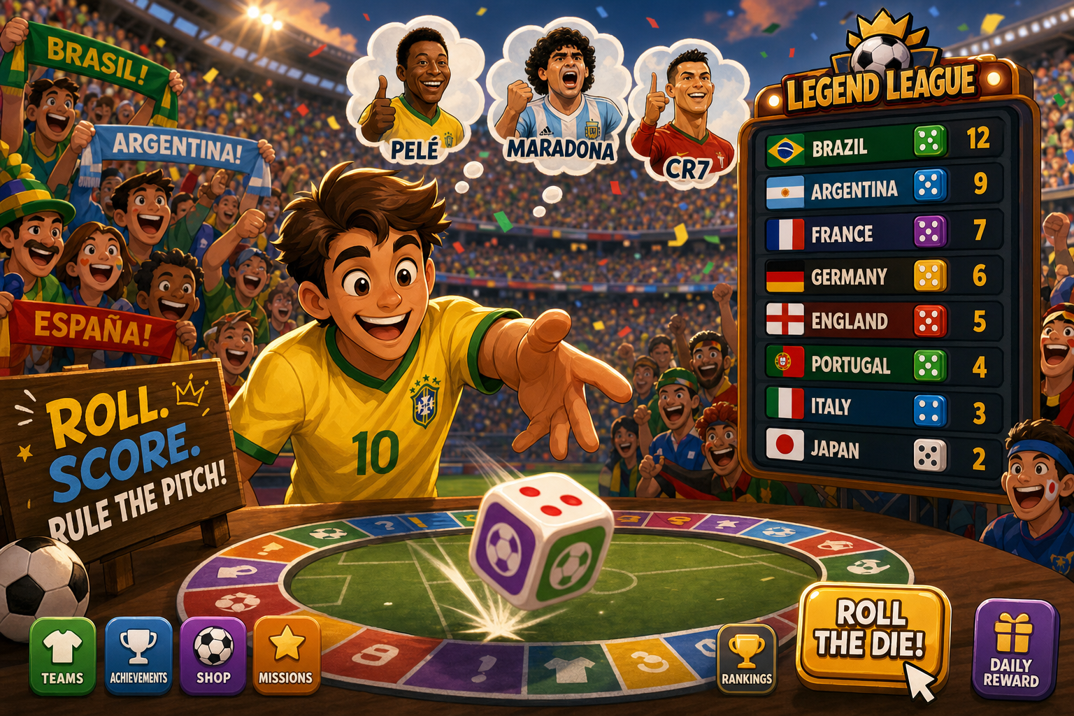 A vibrant cartoon illustration: a cheerful soccer player in a yellow jersey joyfully rolling a colorful die in a lively stadium filled with animated fans holding colorful scarves, with a playful scoreboard showing various national teams' names. The …