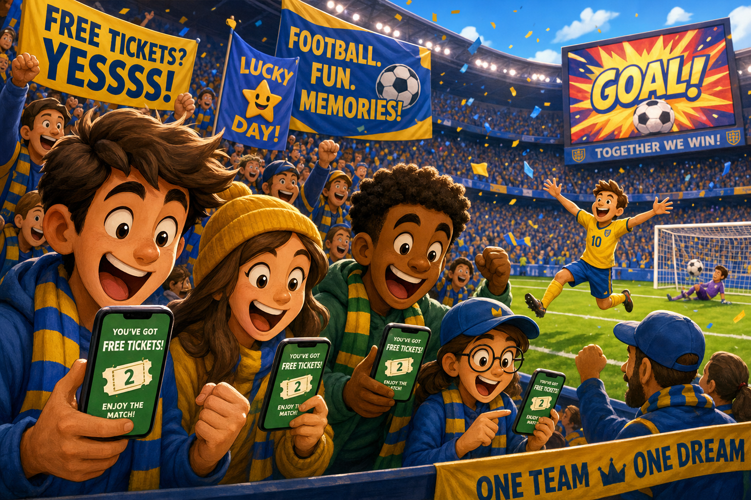 A vibrant cartoon scene capturing a lively soccer stadium filled with excited fans wearing colorful scarves, celebrating a whimsical moment as they check their phones with wide smiles, discovering their unexpected free tickets. Bright banners wave a…