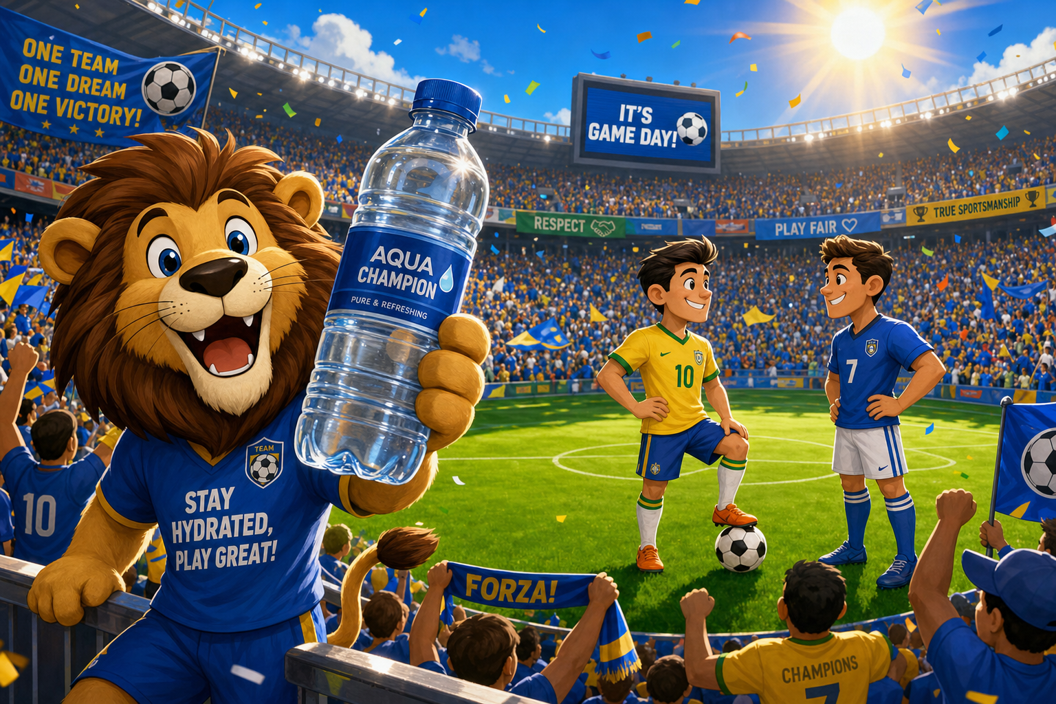 A vibrant cartoon scene depicting a lively soccer stadium filled with cheering fans, some wearing colorful jerseys and waving scarves, as a cheerful cartoon mascot excitedly holds a large, sealed water bottle. The sun shines brightly over the field …