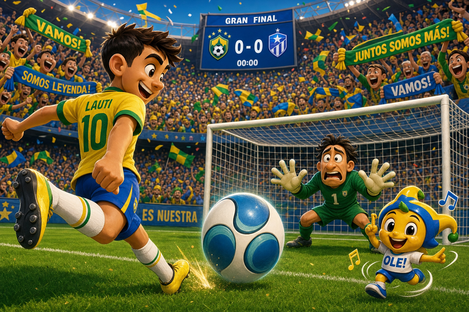 A cheerful cartoon scene featuring a vibrant soccer stadium filled with excited fans waving colorful scarves, while a cartoon soccer player in a yellow jersey prepares to kick a shiny, uniquely designed ball with four panels, resembling a wave. In t…
