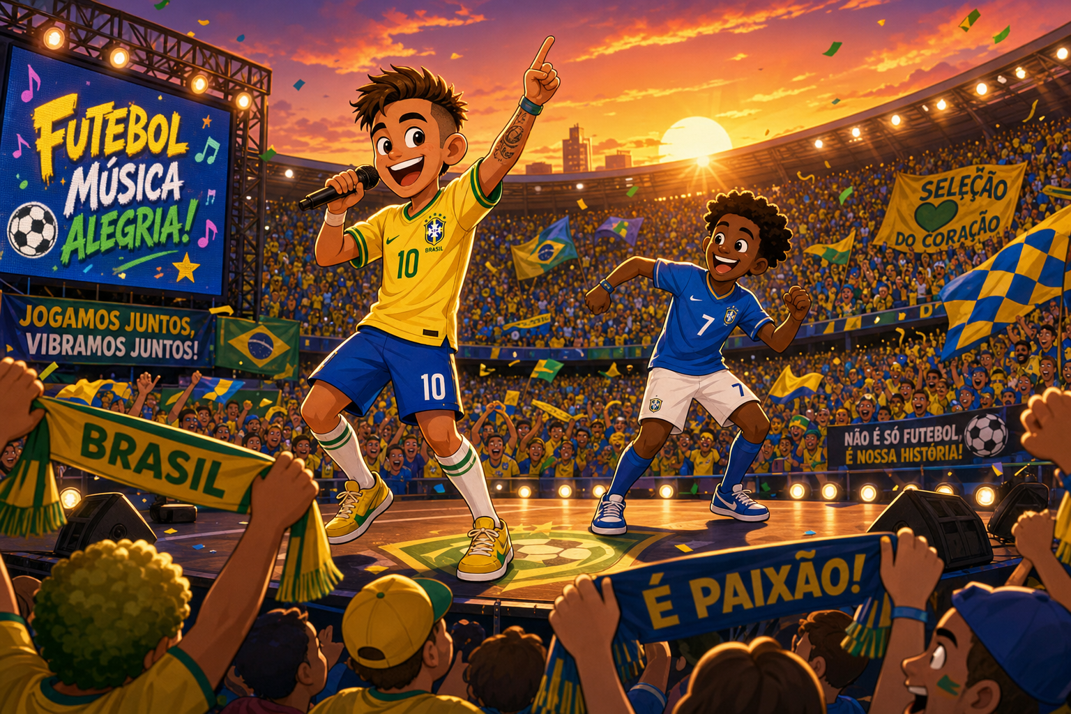 A vibrant cartoon scene capturing a lively soccer stadium filled with enthusiastic fans waving colorful scarves, with a cheerful cartoon soccer player in a yellow jersey performing a catchy song on a stage, while another character in a blue jersey d…