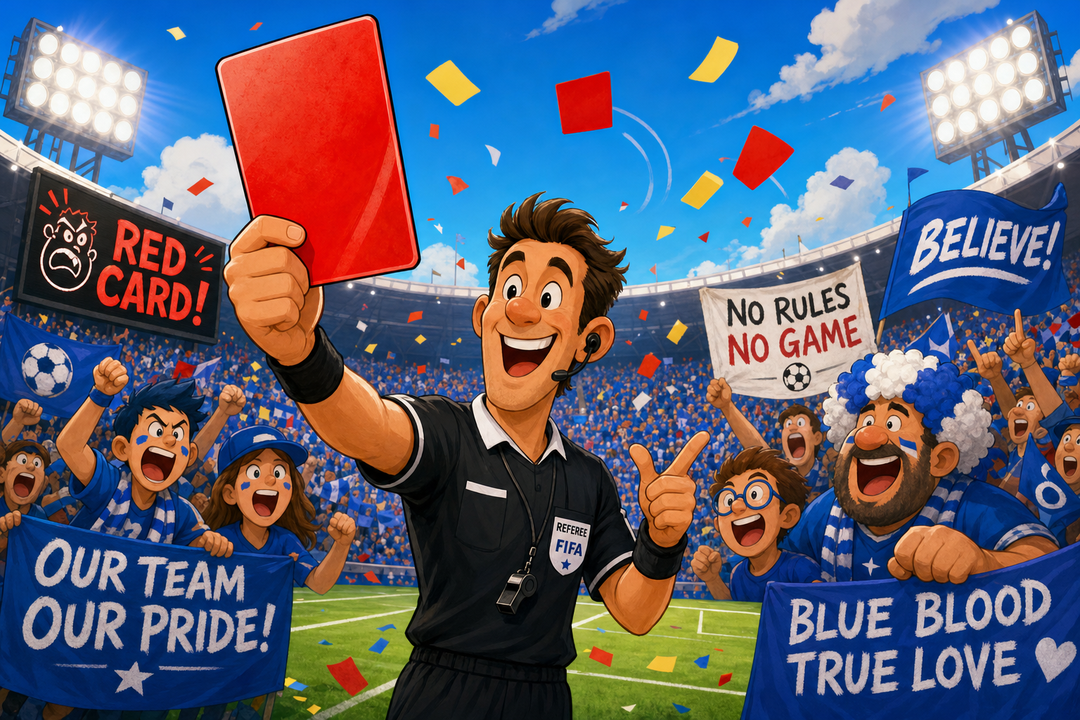 A whimsical cartoon scene: a cheerful referee holding up a giant red card in a lively stadium, surrounded by excited fans waving banners, vibrant colors of sky blue and slate grey, with animated elements like yellow and red cards floating in the air…