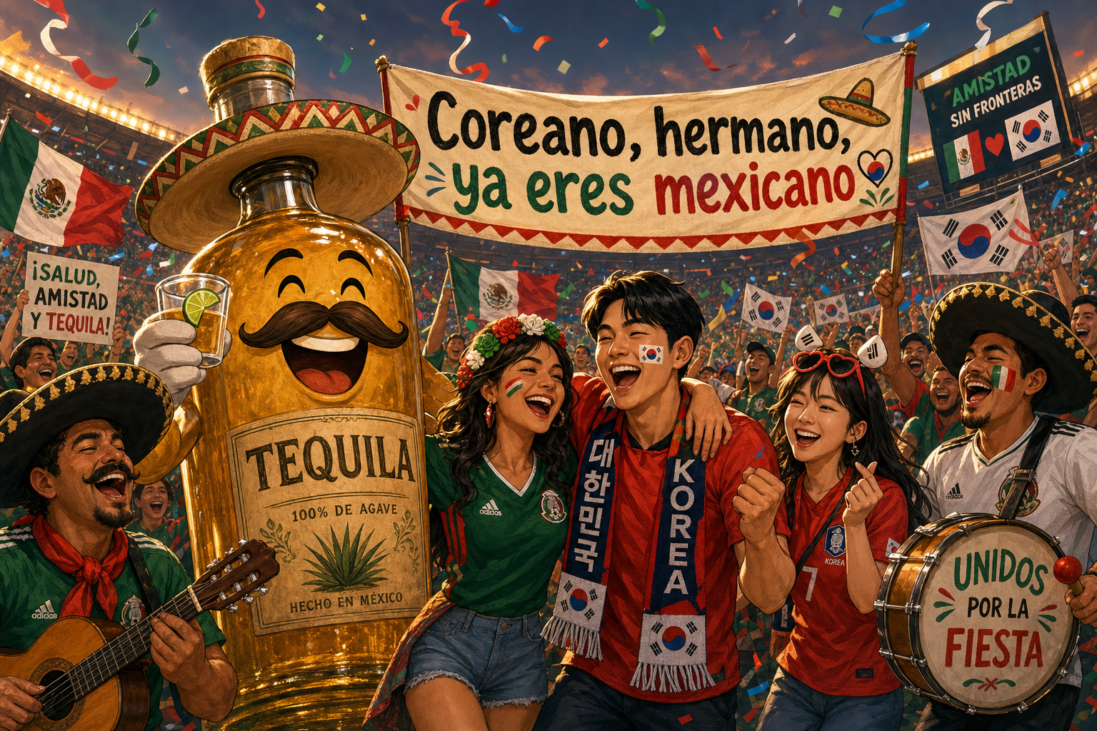A whimsical cartoon scene: a vibrant celebration in a stadium filled with cheerful fans, a giant cartoon bottle of tequila in the foreground, Mexican and Korean supporters dancing together, colorful streamers flying, and a banner reading "Coreano, h…