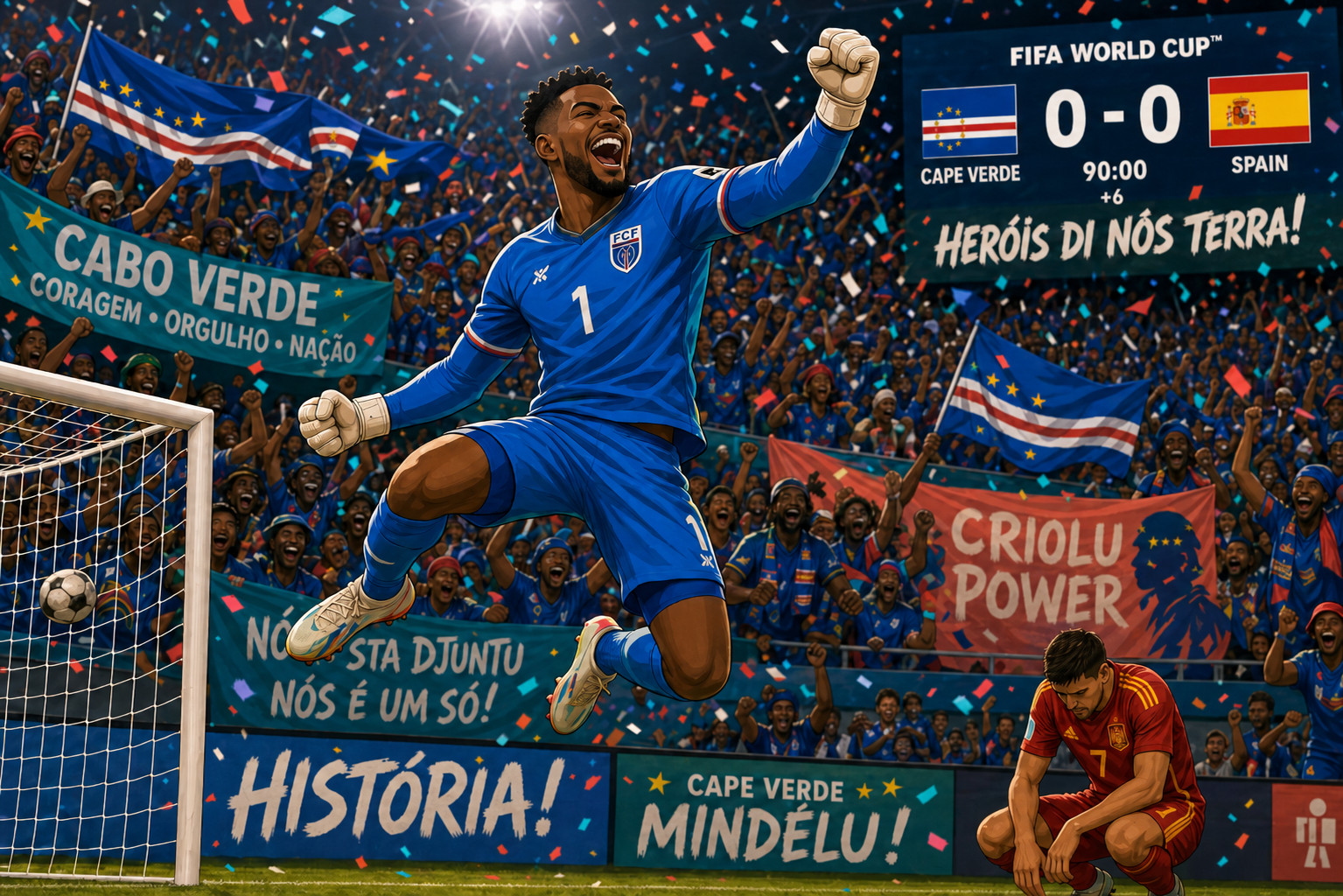 A whimsical cartoon scene: a jubilant Cape Verde goalkeeper in a bright blue kit leaping in celebration after a crucial save against Spain, confetti raining down in a vibrant stadium filled with excited fans waving teal and coral banners, the atmosp…