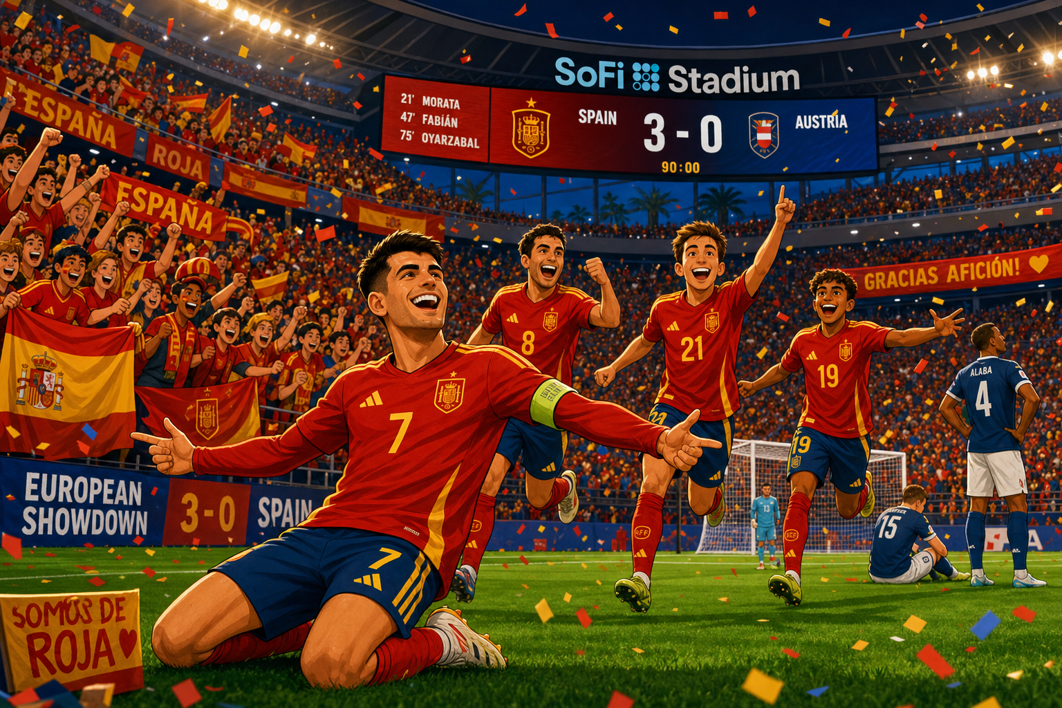A whimsical cartoon scene: a vibrant on-pitch moment featuring Spanish players in red-and-yellow kits celebrating after scoring against Austria in blue-and-white kits at SoFi Stadium. The backdrop includes cheering fans with red and yellow banners, …