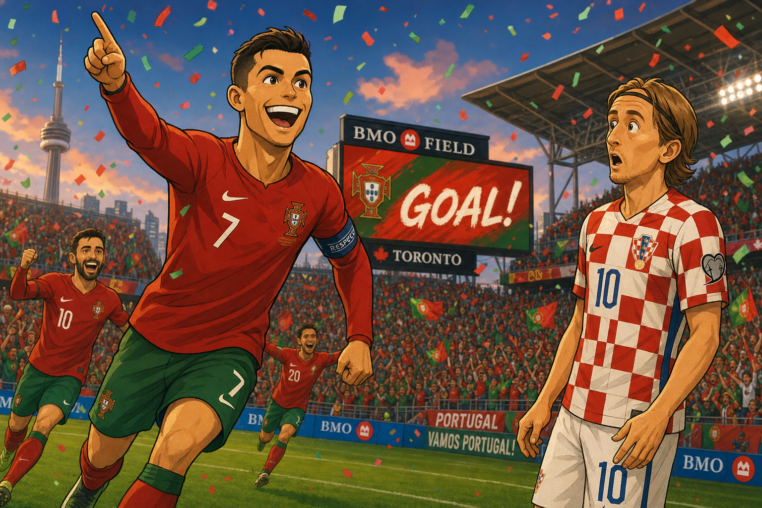 A whimsical cartoon snapshot: a Portugal player in red-and-green kit celebrating a goal while a Croatian player in checkered red-and-white kit looks on in surprise at BMO Field, Toronto, with vibrant confetti falling from the sky, warm cinematic lig…