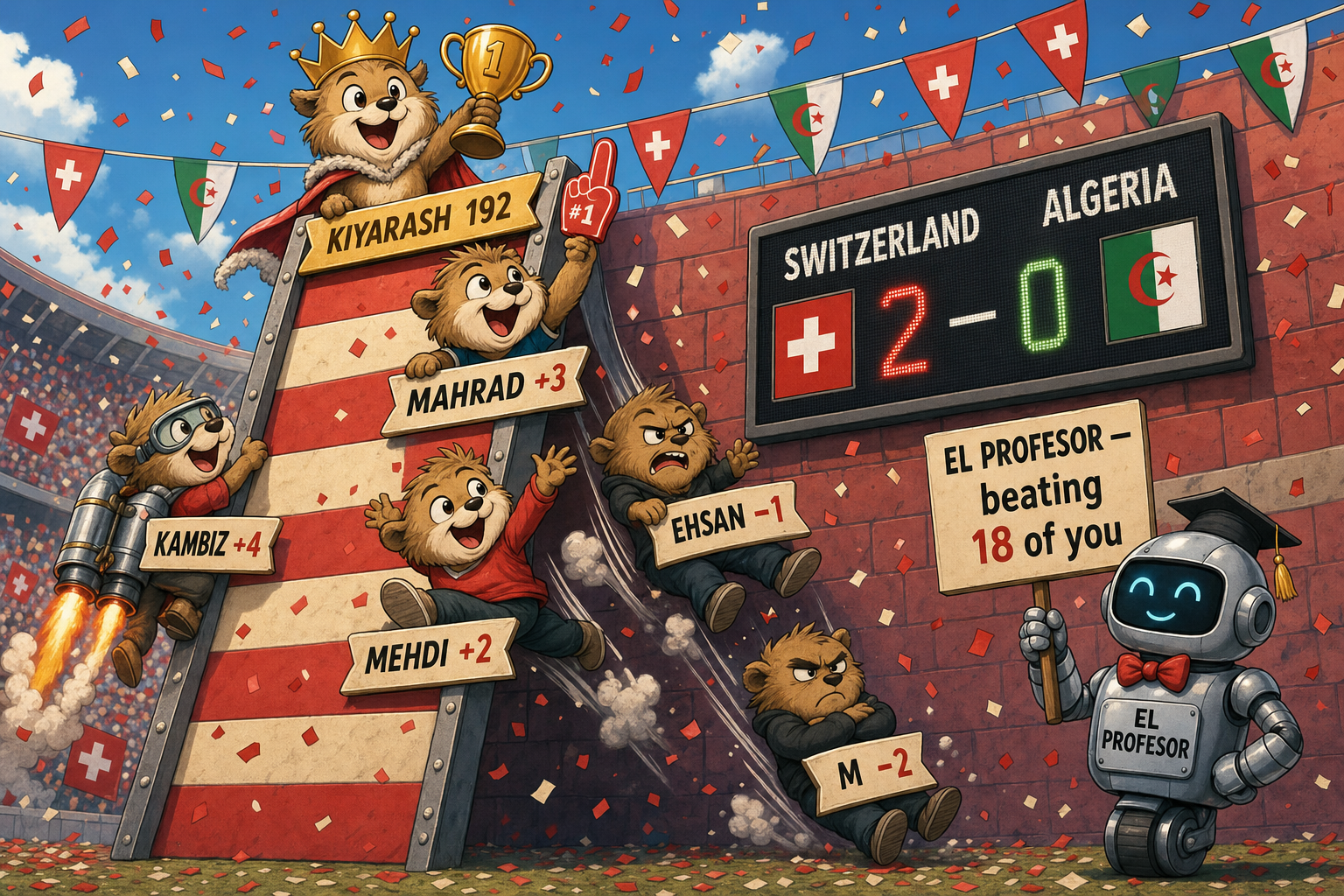 A whimsical cartoon scene: a tall striped leaderboard ladder leaning against a vibrant stadium wall, topped by a mascot in a gold crown holding a trophy with a banner "KIYARASH 192". Just below, a mascot with a foam finger pointing up at the leader,…