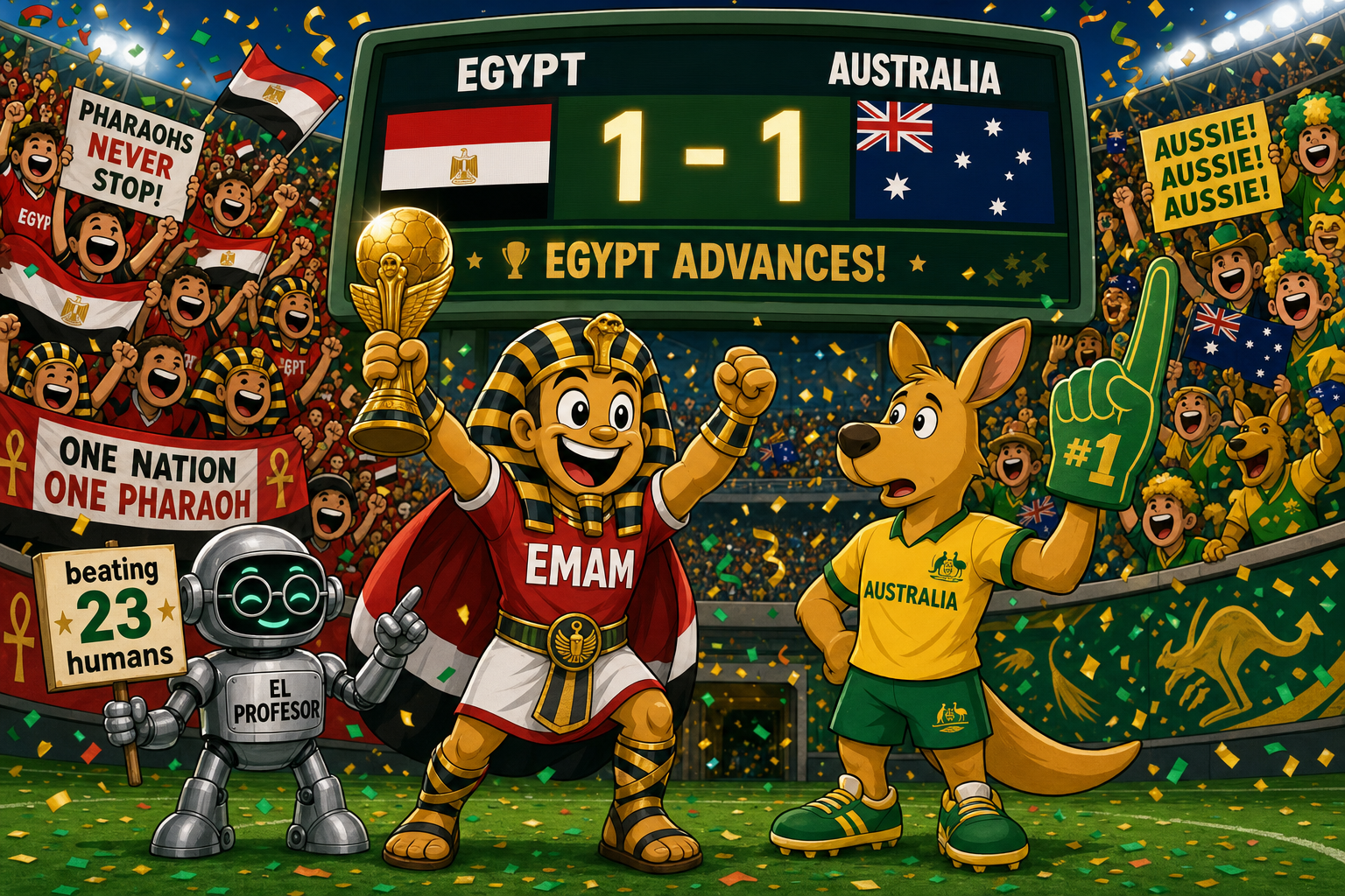 A whimsical cartoon scene: a vibrant stadium backdrop with a giant scoreboard displaying "EGYPT 1 - 1 AUSTRALIA" surrounded by cheering fans. Below the scoreboard, a celebratory mascot labeled EMAM holding a trophy aloft represents Egypt's advanceme…