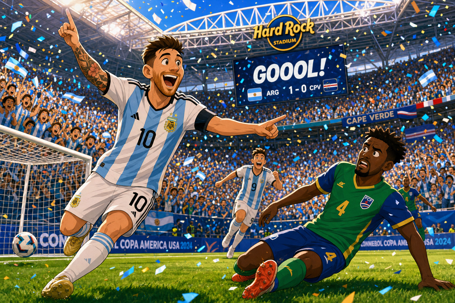 A whimsical cartoon snapshot: an Argentine player in light-blue-and-white kit celebrating a goal against a Cape Verde player in vibrant green-and-blue kit, action-packed moment at Hard Rock Stadium filled with cheering fans, vibrant colors, confetti…