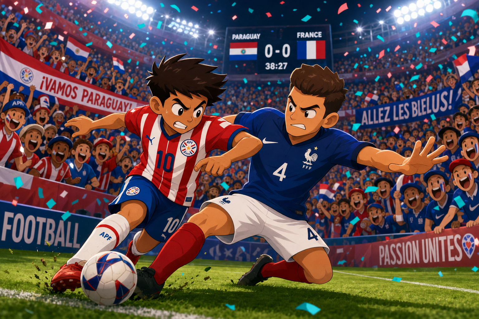 A whimsical cartoon snapshot: a tense moment on the pitch where a Paraguayan player in red-and-white kit is narrowly blocked by a French player in blue kit, with the crowd cheering in the vibrant cartoon stadium atmosphere. Teal and coral confetti r…