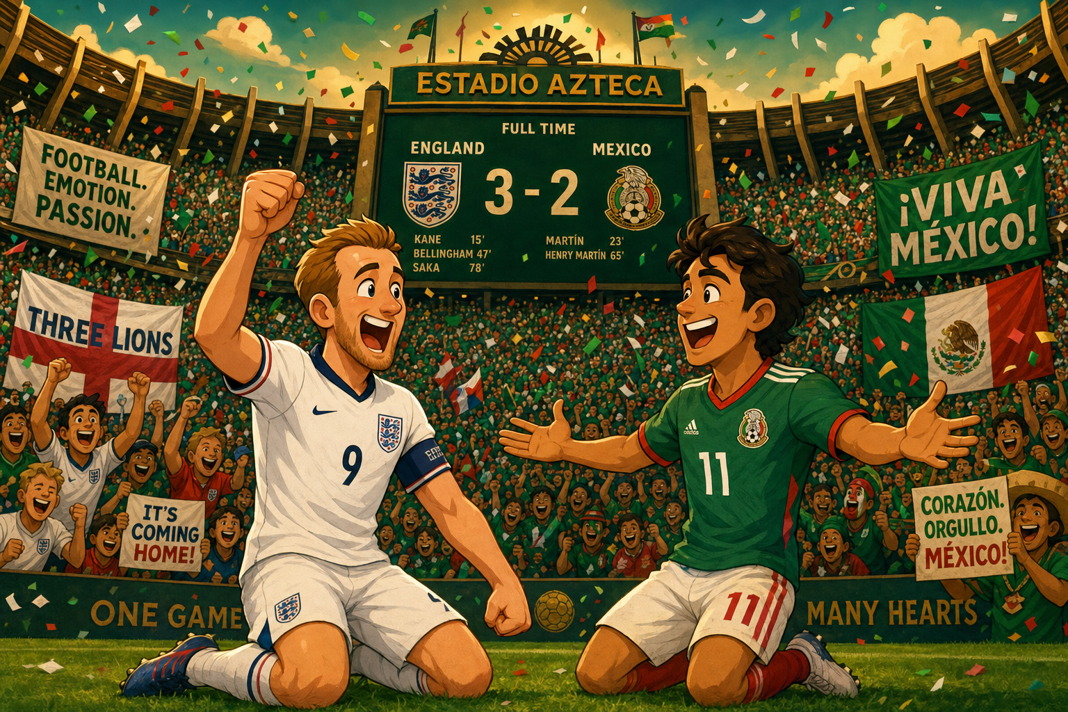 A whimsical cartoon snapshot: an English player in a white kit and a Mexican player in a green-red-white kit celebrating a thrilling moment on the pitch at Estadio Azteca. The vibrant crowd in the background is cheering with colorful banners, and co…