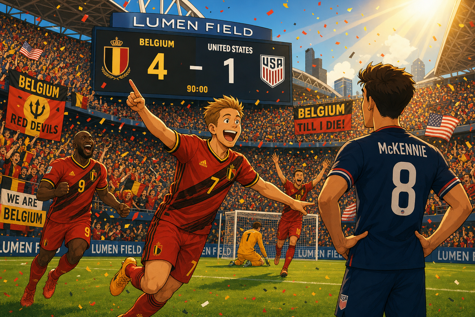 A whimsical cartoon snapshot: a vibrant scene at Lumen Field showing a Belgian player in a red kit celebrating a goal while a United States player in a navy kit looks on, a cheering crowd in the background with colorful banners, sunlight streaming d…