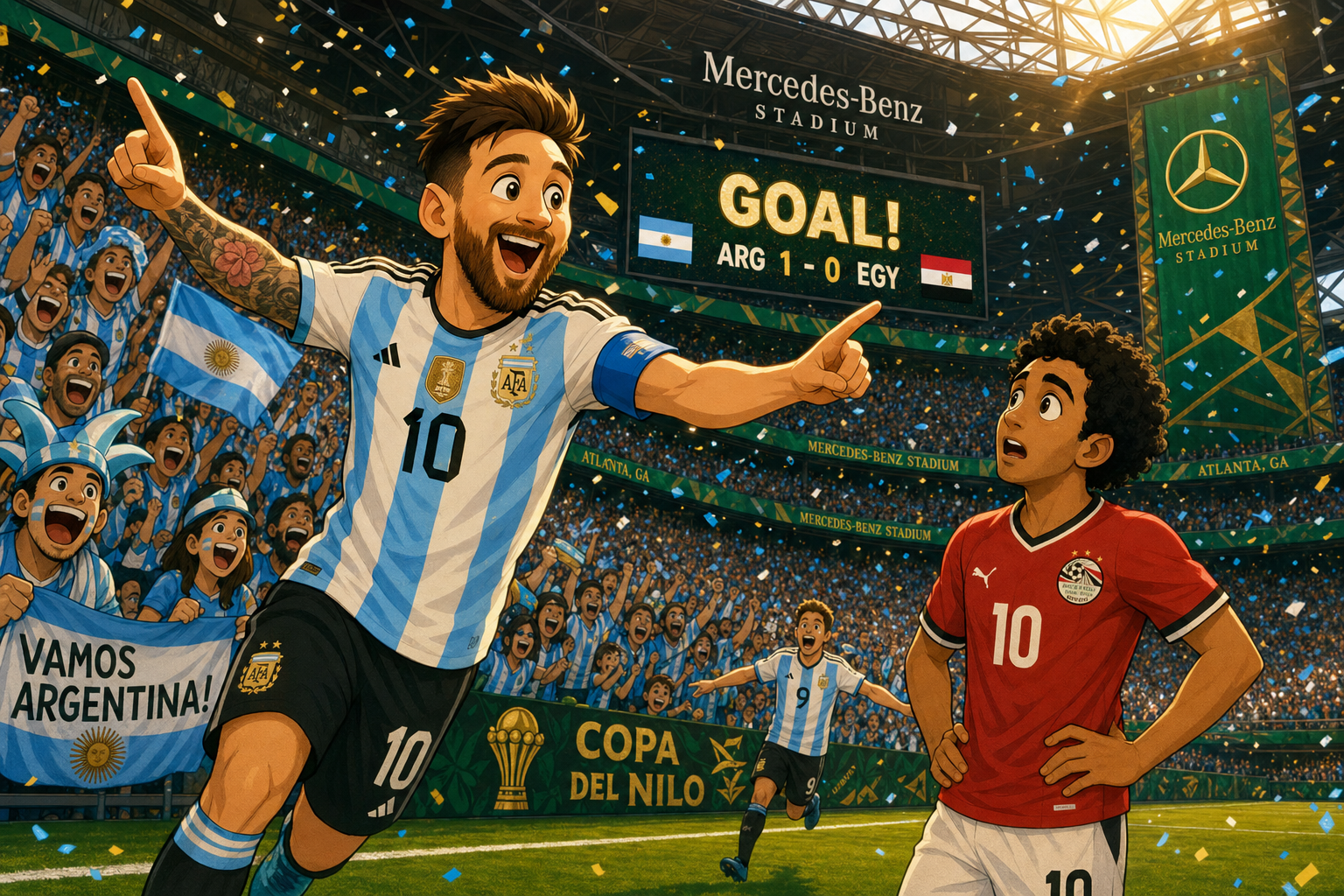 A whimsical cartoon snapshot: an Argentine player in light-blue-and-white kit celebrating a goal while an Egyptian player in red-white-black kit looks on in awe, surrounded by cheering fans in a vibrant Mercedes-Benz Stadium setting, colorful confet…