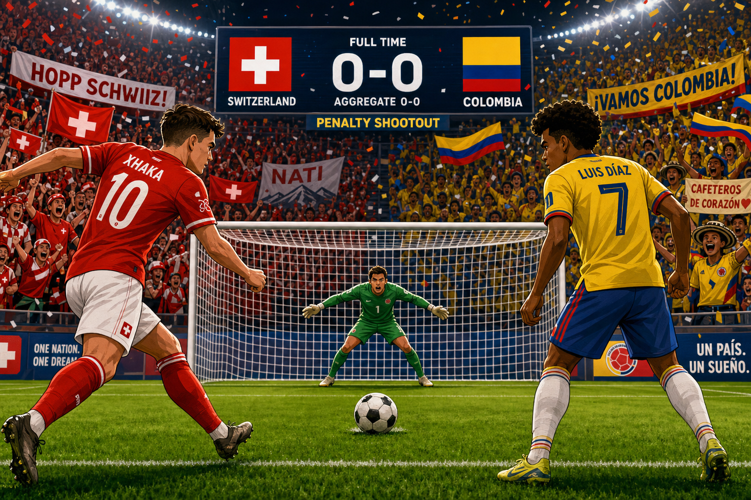 A whimsical cartoon scene: on a vibrant soccer pitch, two players in Switzerland's red and white kits and Colombia's yellow and blue kits face off in an intense shootout moment, with tension palpable in the air. Behind them, cheering fans in the sta…
