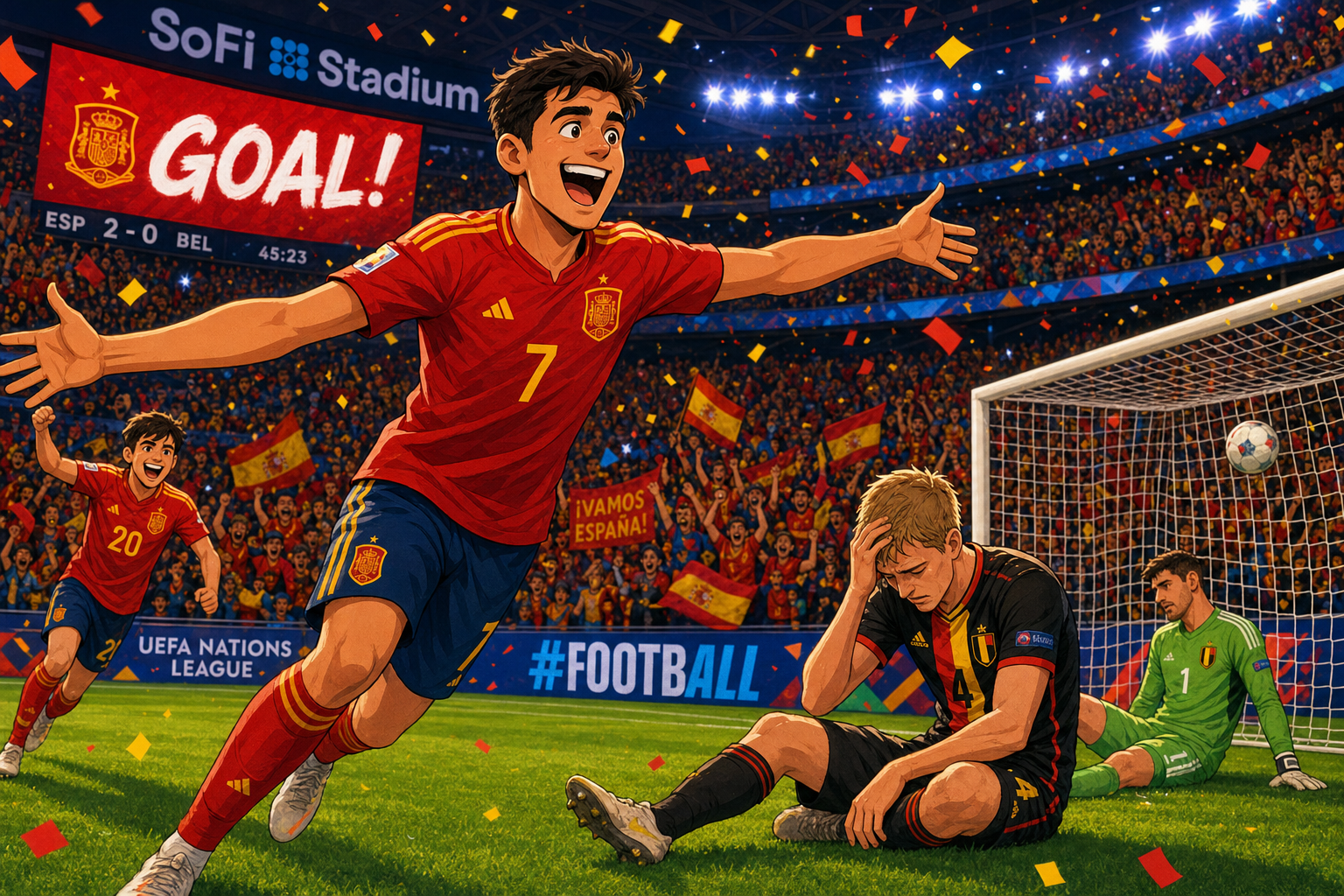 A whimsical cartoon snapshot: a thrilling moment on the pitch as a Spanish player in red kit celebrates scoring a goal against a Belgian player in black-yellow-red kit at SoFi Stadium, confetti raining down, vibrant colors illuminating the scene, ha…
