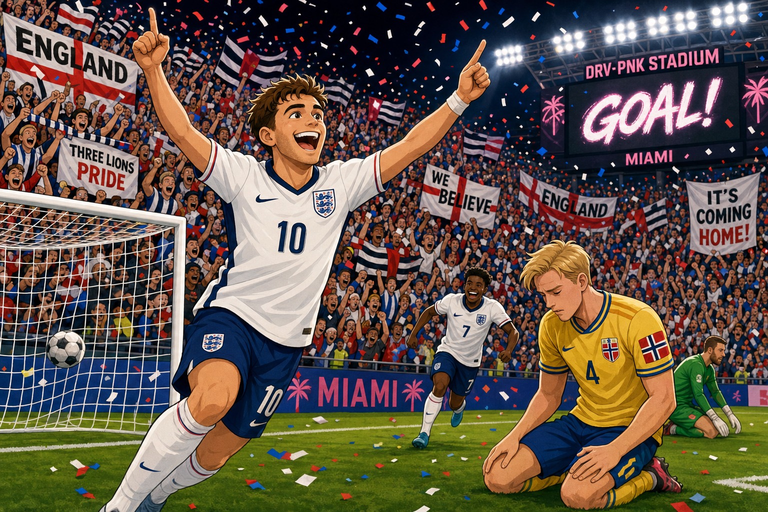 A whimsical cartoon snapshot: an energetic England player in white and navy kit celebrating with arms raised after scoring a goal against a Norway player in yellow-blue kit, Miami stadium lights shining down, excited fans in the stands waving banner…