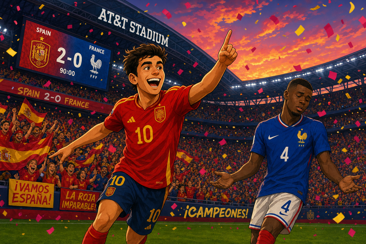A whimsical cartoon snapshot: a Spanish player in red-and-yellow kit celebrating a goal against a French player in blue kit, both mid-action at AT&T Stadium under vibrant cinematic lighting. The scene captures the excitement of Spain's 2-0 triumph, …